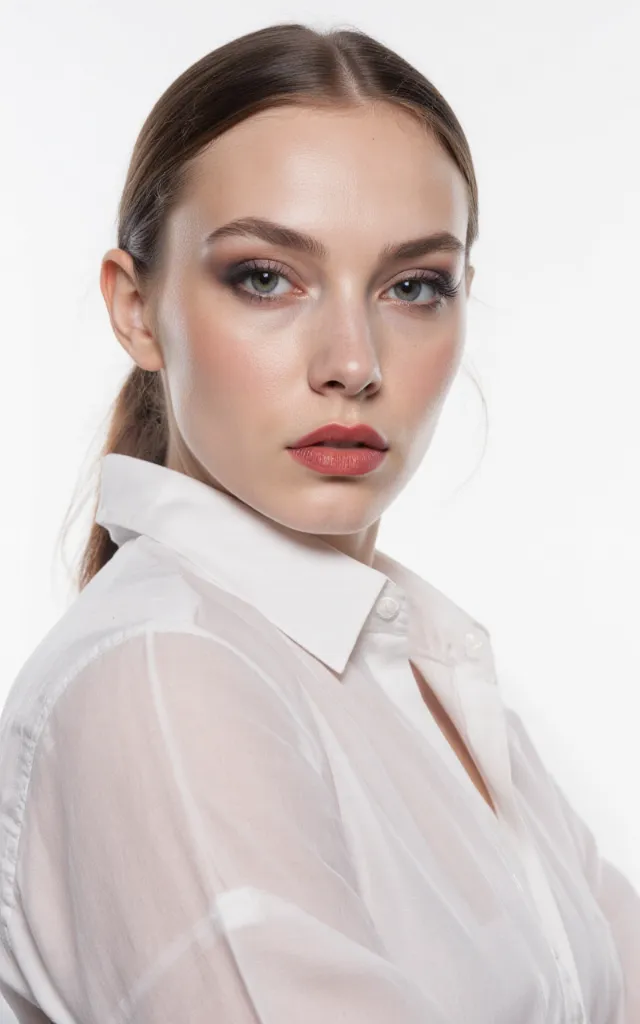 A French female model with a Cyberpunk makeup style, wearing a shirt, against a white background, in a front   facing bust portrait